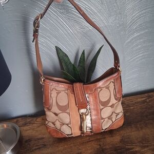 Coach Tan and Brown Signature Shoulder Bag